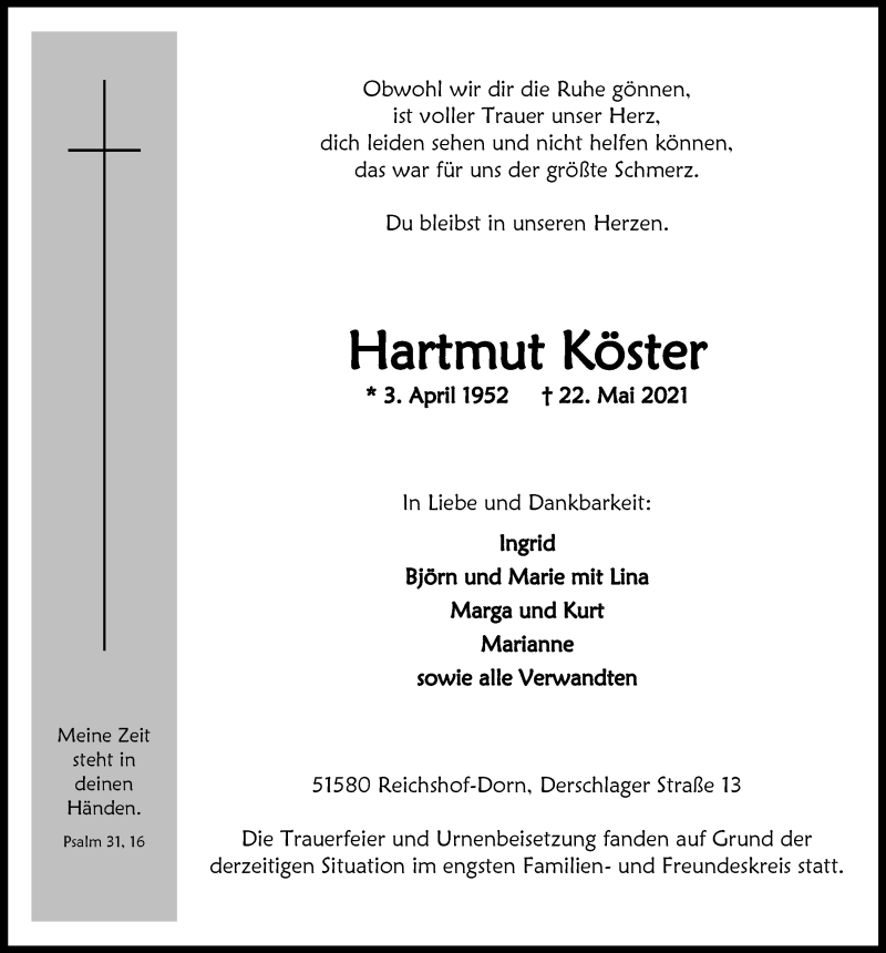  Traueranzeige für Hartmut Köster vom 04.06.2021 aus  Anzeigen Echo  Lokalanzeiger 