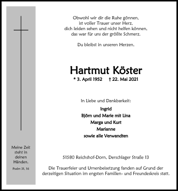 Anzeige von Hartmut Köster von  Anzeigen Echo  Lokalanzeiger 