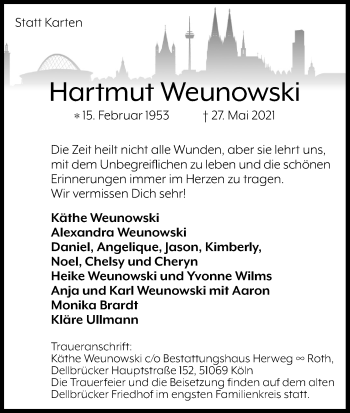 Anzeige von Hartmut Weunowski von Kölner Stadt-Anzeiger / Kölnische Rundschau / Express