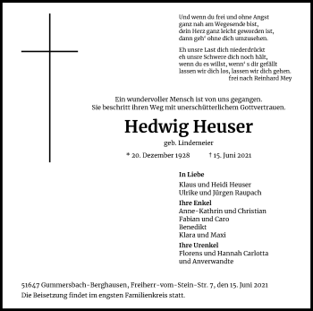 Anzeige von Hedwig Heuser von Kölner Stadt-Anzeiger / Kölnische Rundschau / Express