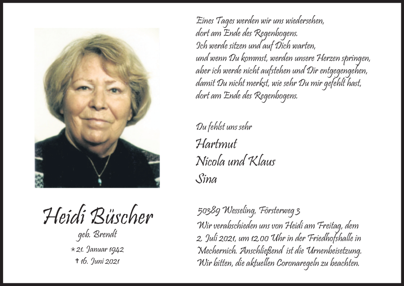  Traueranzeige für Heidi Büscher vom 26.06.2021 aus Kölner Stadt-Anzeiger / Kölnische Rundschau / Express