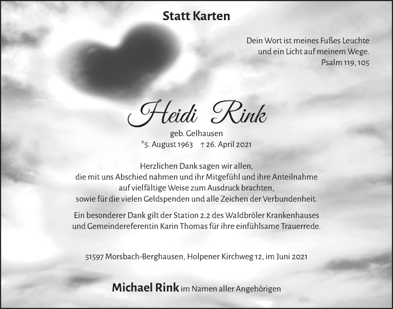  Traueranzeige für Heidi Rink vom 04.06.2021 aus  Lokalanzeiger 