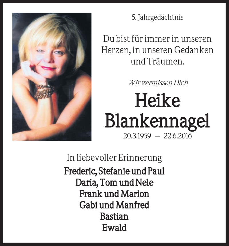  Traueranzeige für Heike Blankennagel vom 22.06.2021 aus Kölner Stadt-Anzeiger / Kölnische Rundschau / Express