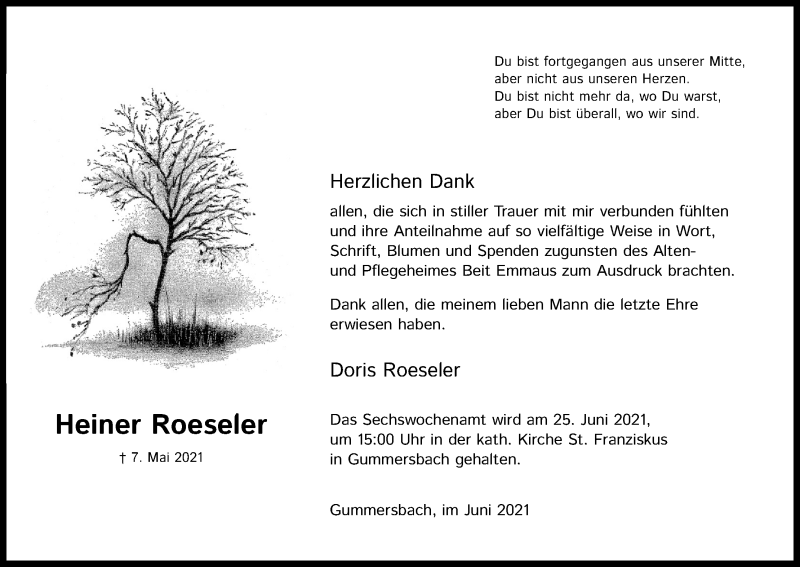  Traueranzeige für Heiner Roeseler vom 19.06.2021 aus Kölner Stadt-Anzeiger / Kölnische Rundschau / Express