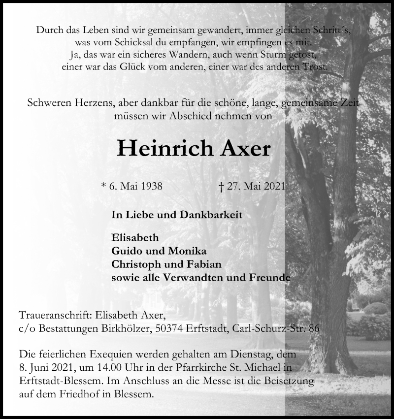  Traueranzeige für Heinrich Axer vom 05.06.2021 aus Kölner Stadt-Anzeiger / Kölnische Rundschau / Express