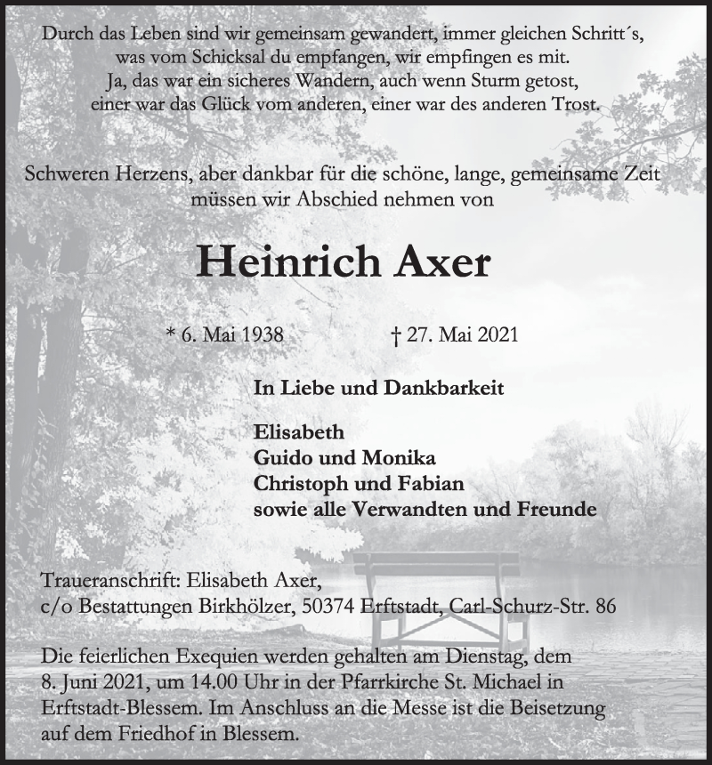  Traueranzeige für Heinrich Axer vom 04.06.2021 aus  Werbepost 
