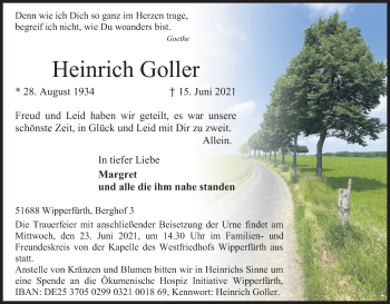 Anzeige von Heinrich Goller von Kölner Stadt-Anzeiger / Kölnische Rundschau / Express