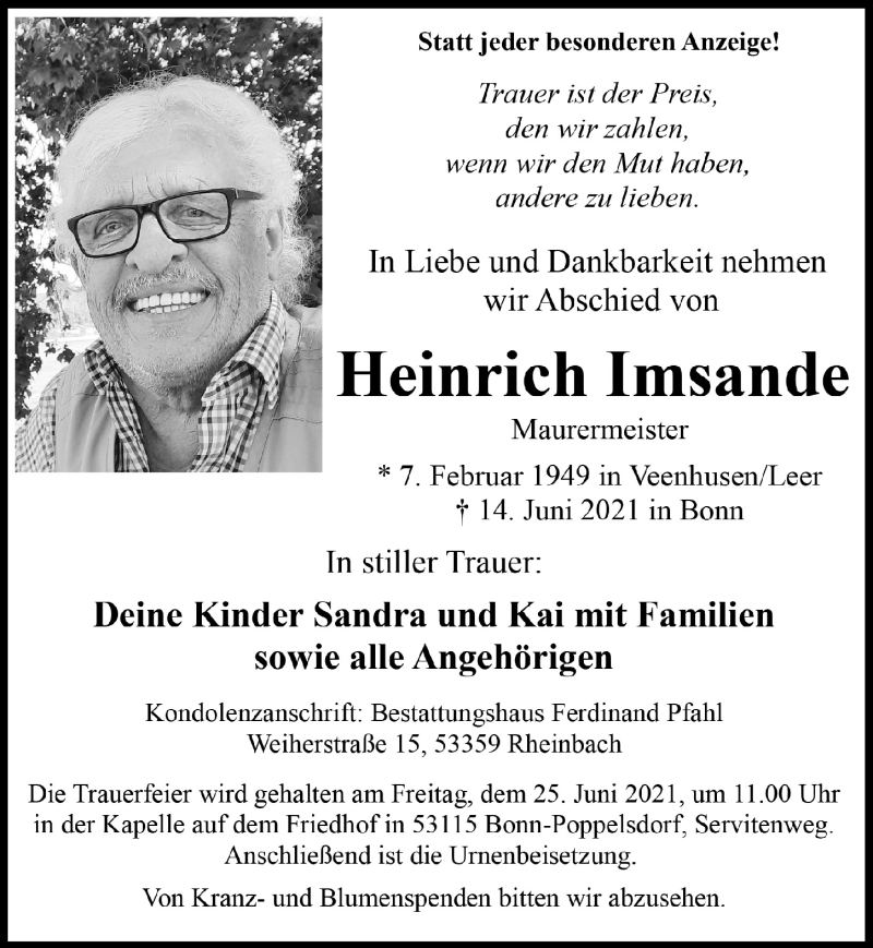  Traueranzeige für Heinrich Imsande vom 19.06.2021 aus  Blickpunkt Euskirchen 