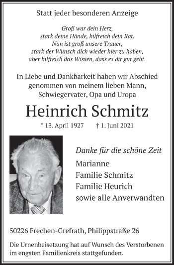 Anzeige von Heinrich Schmitz von  Wochenende 