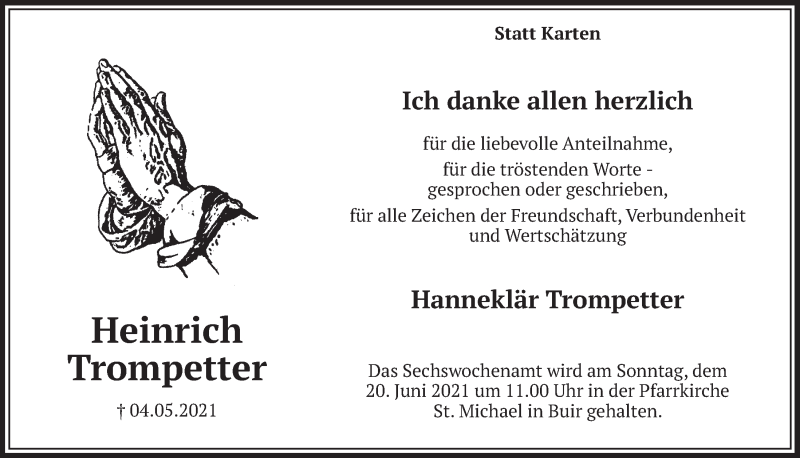  Traueranzeige für Heinrich Trompetter vom 18.06.2021 aus  Werbepost 