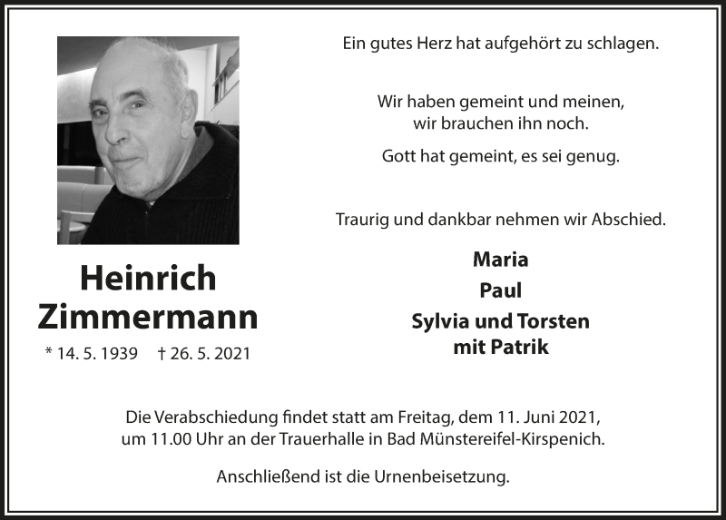  Traueranzeige für Heinrich Zimmermann vom 05.06.2021 aus  Blickpunkt Euskirchen 