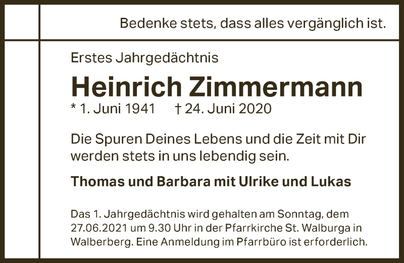  Traueranzeige für Heinrich Zimmermann vom 18.06.2021 aus  Schlossbote/Werbekurier 