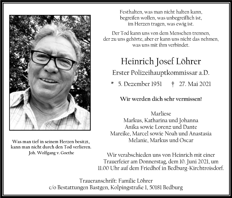  Traueranzeige für Heinrich Josef Löhrer vom 05.06.2021 aus Kölner Stadt-Anzeiger / Kölnische Rundschau / Express