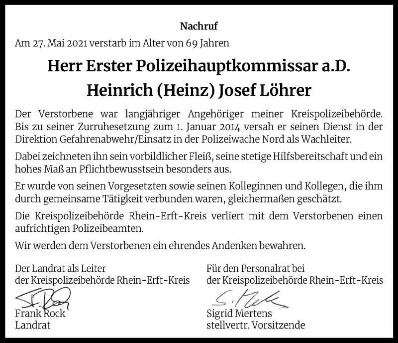  Traueranzeige für Heinrich Josef Löhrer vom 16.06.2021 aus Kölner Stadt-Anzeiger / Kölnische Rundschau / Express