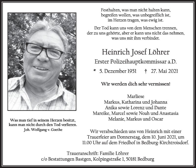  Traueranzeige für Heinrich Josef Löhrer vom 04.06.2021 aus  Werbepost 