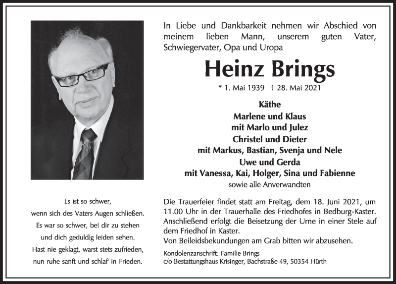  Traueranzeige für Heinz Brings vom 11.06.2021 aus  Werbepost 