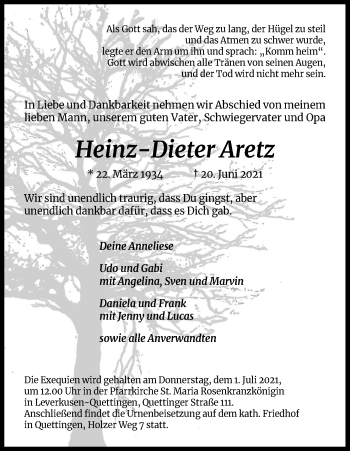 Anzeige von Heinz-Dieter Aretz von Kölner Stadt-Anzeiger / Kölnische Rundschau / Express