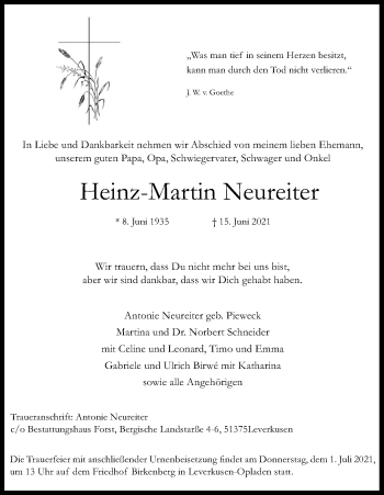 Anzeige von Heinz-Martin Neureiter von Kölner Stadt-Anzeiger / Kölnische Rundschau / Express