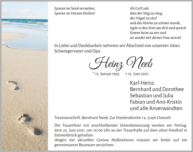  Traueranzeige für Heinz Neeb vom 18.06.2021 aus  Bergisches Handelsblatt 