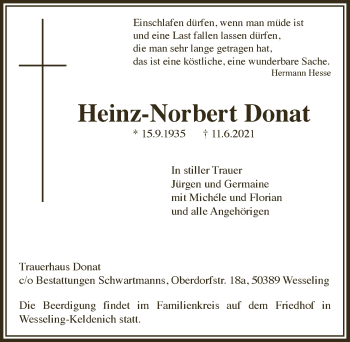 Anzeige von Heinz-Norbert Donat von  Schlossbote/Werbekurier 