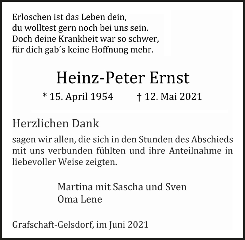  Traueranzeige für Heinz-Peter Ernst vom 11.06.2021 aus  Schaufenster/Blickpunkt 