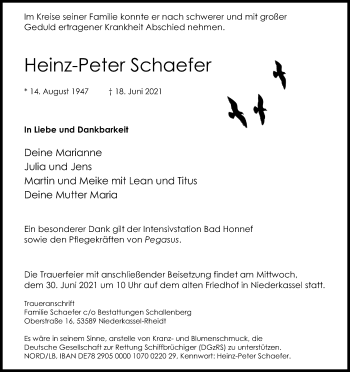 Anzeige von Heinz-Peter Schaefer von Kölner Stadt-Anzeiger / Kölnische Rundschau / Express
