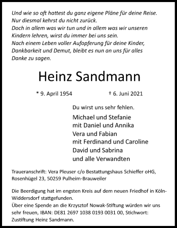 Anzeige von Heinz Sandmann von Kölner Stadt-Anzeiger / Kölnische Rundschau / Express