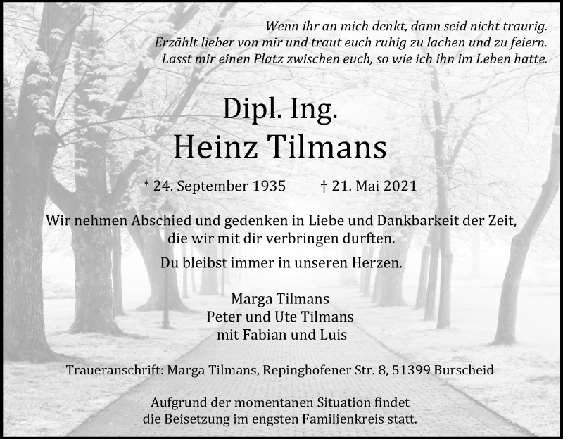  Traueranzeige für Heinz Tilmans vom 05.06.2021 aus Kölner Stadt-Anzeiger / Kölnische Rundschau / Express