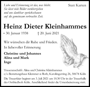 Anzeige von Heinz Dieter Kleinhammes von Kölner Stadt-Anzeiger / Kölnische Rundschau / Express