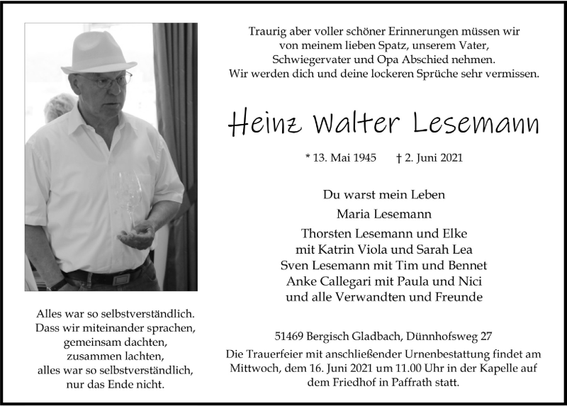  Traueranzeige für Heinz Walter Lesemann vom 11.06.2021 aus  Bergisches Handelsblatt 