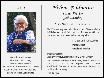 Anzeige von Helene Feldmann von  Bergisches Handelsblatt 