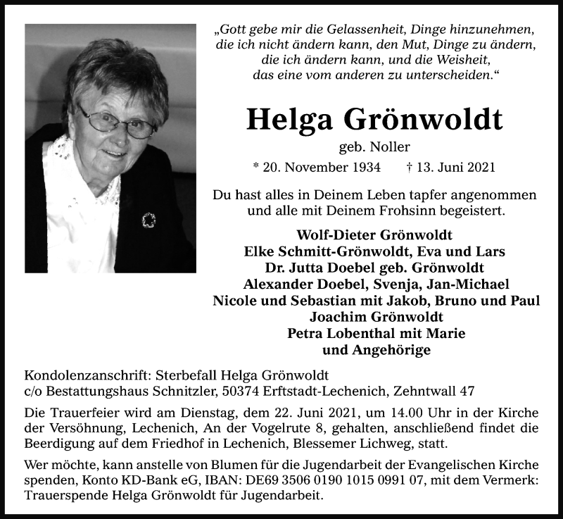  Traueranzeige für Helga Grönwoldt vom 19.06.2021 aus Kölner Stadt-Anzeiger / Kölnische Rundschau / Express