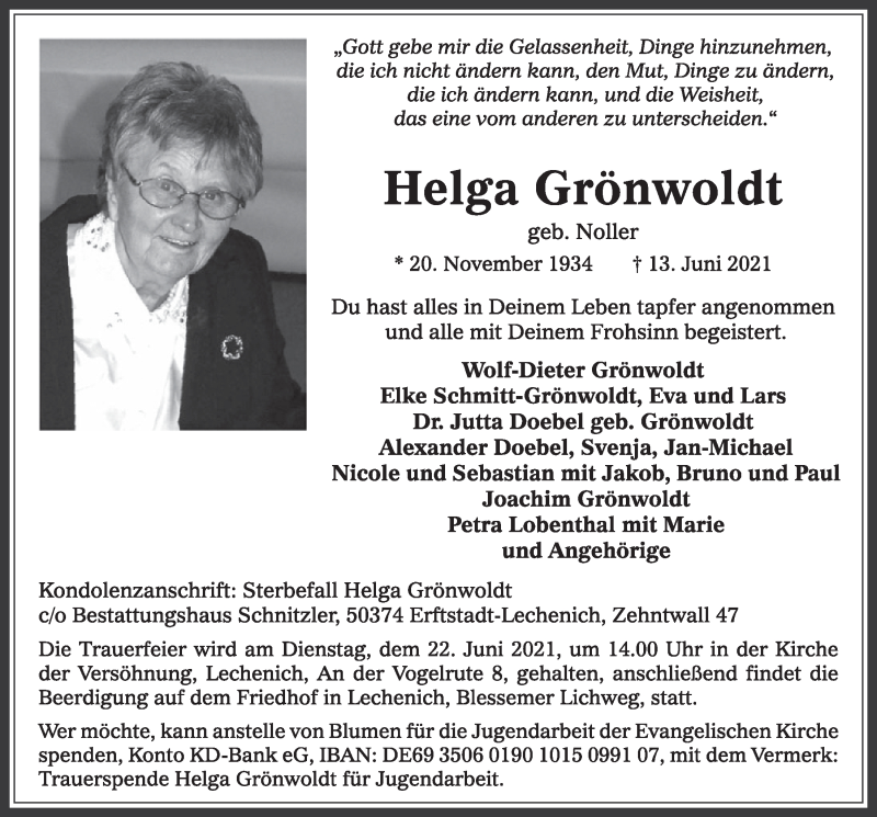  Traueranzeige für Helga Grönwoldt vom 18.06.2021 aus  Werbepost 