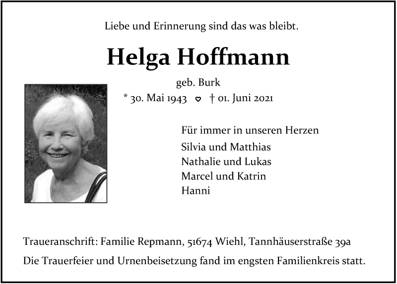  Traueranzeige für Helga Hoffmann vom 11.06.2021 aus  Anzeigen Echo 