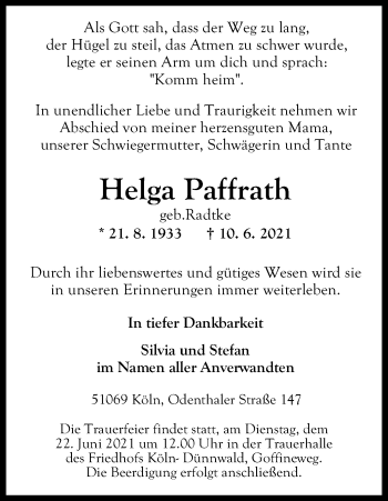 Anzeige von Helga Paffrath von Kölner Stadt-Anzeiger / Kölnische Rundschau / Express