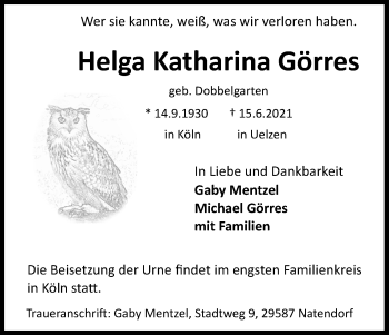 Anzeige von Helga Katharina Görres von Kölner Stadt-Anzeiger / Kölnische Rundschau / Express