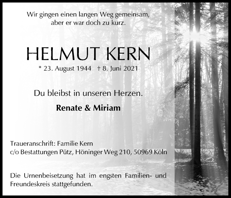  Traueranzeige für Helmut Kern vom 26.06.2021 aus Kölner Stadt-Anzeiger / Kölnische Rundschau / Express