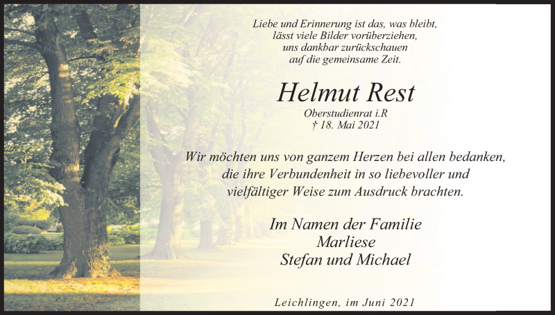  Traueranzeige für Helmut Rest vom 26.06.2021 aus Kölner Stadt-Anzeiger / Kölnische Rundschau / Express