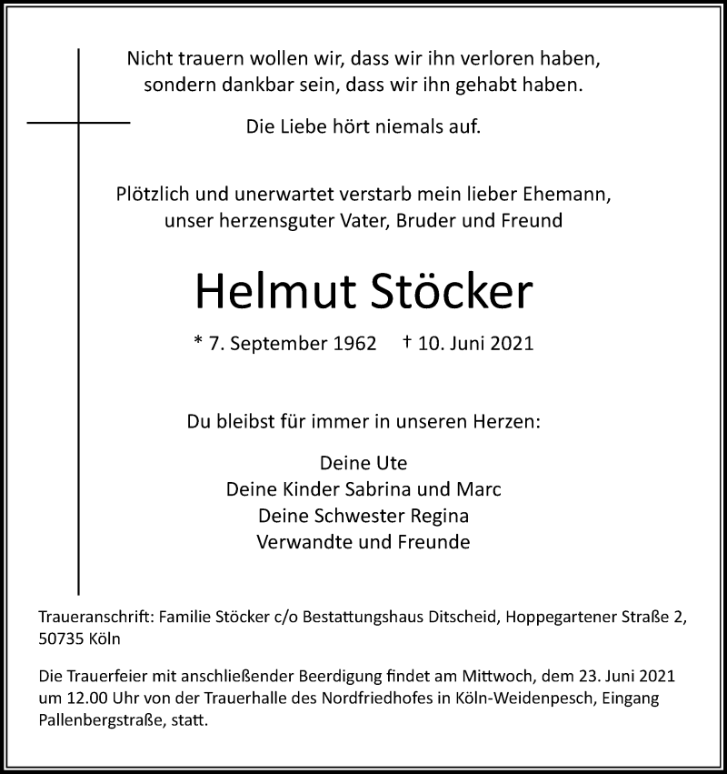  Traueranzeige für Helmut Stöcker vom 17.06.2021 aus Kölner Stadt-Anzeiger / Kölnische Rundschau / Express