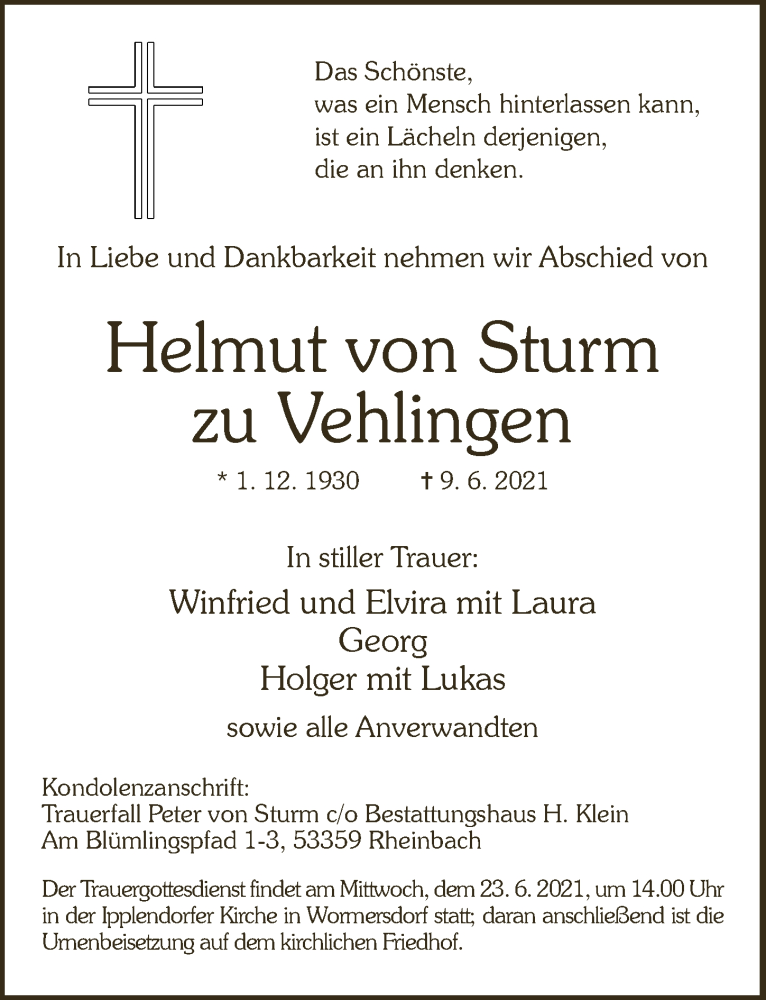  Traueranzeige für Helmut von Sturm zu Vehlingen vom 18.06.2021 aus  Schaufenster/Blickpunkt 