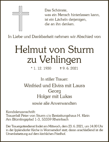 Anzeige von Helmut von Sturm zu Vehlingen von  Schaufenster/Blickpunkt 