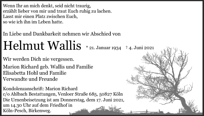  Traueranzeige für Helmut Wallis vom 12.06.2021 aus Kölner Stadt-Anzeiger / Kölnische Rundschau / Express