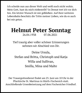 Anzeige von Helmut Peter Sonntag von Kölner Stadt-Anzeiger / Kölnische Rundschau / Express