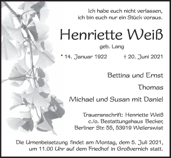 Anzeige von Henriette Weiß von  Wochenende 