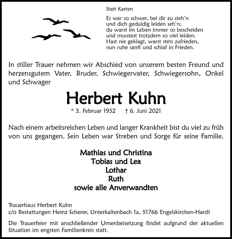  Traueranzeige für Herbert Kuhn vom 12.06.2021 aus Kölner Stadt-Anzeiger / Kölnische Rundschau / Express