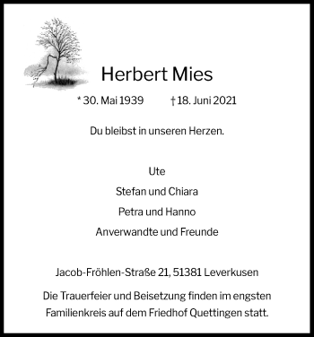 Anzeige von Herbert Mies von Kölner Stadt-Anzeiger / Kölnische Rundschau / Express