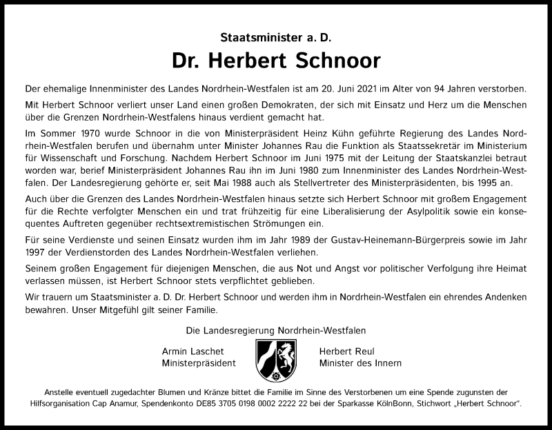  Traueranzeige für Herbert Schnoor vom 26.06.2021 aus Kölner Stadt-Anzeiger / Kölnische Rundschau / Express