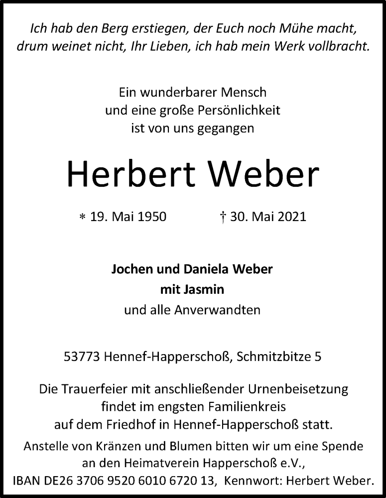  Traueranzeige für Herbert Weber vom 05.06.2021 aus Kölner Stadt-Anzeiger / Kölnische Rundschau / Express