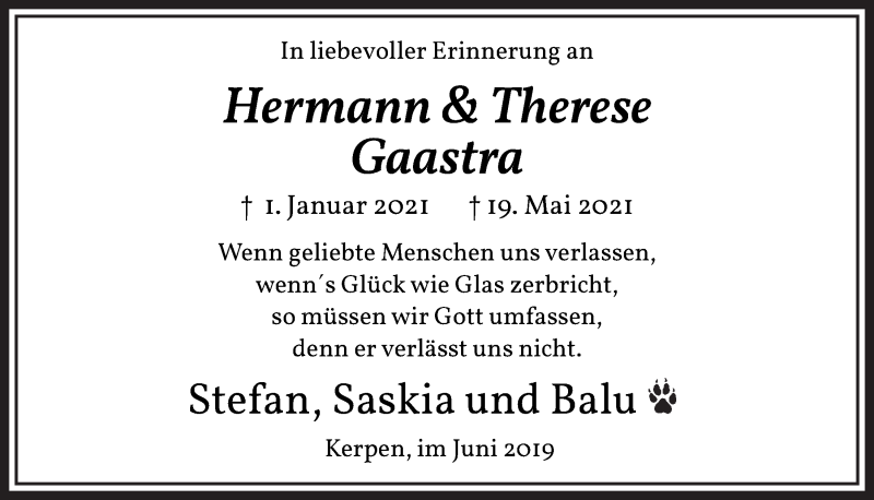  Traueranzeige für Hermann  Gaastra vom 25.06.2021 aus  Werbepost 