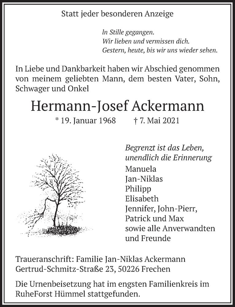  Traueranzeige für Hermann-Josef Ackermann vom 11.06.2021 aus  Wochenende 
